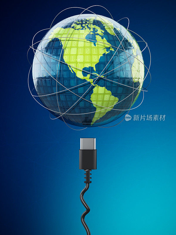 USB C型电缆和二进制数字地球仪